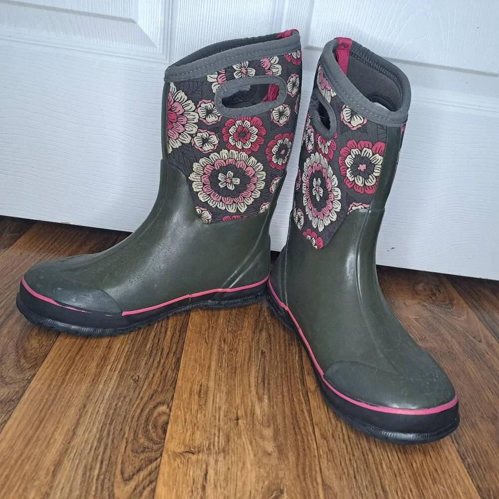 Bogs Girls Gray Pink Floral Winter Boots Size 5